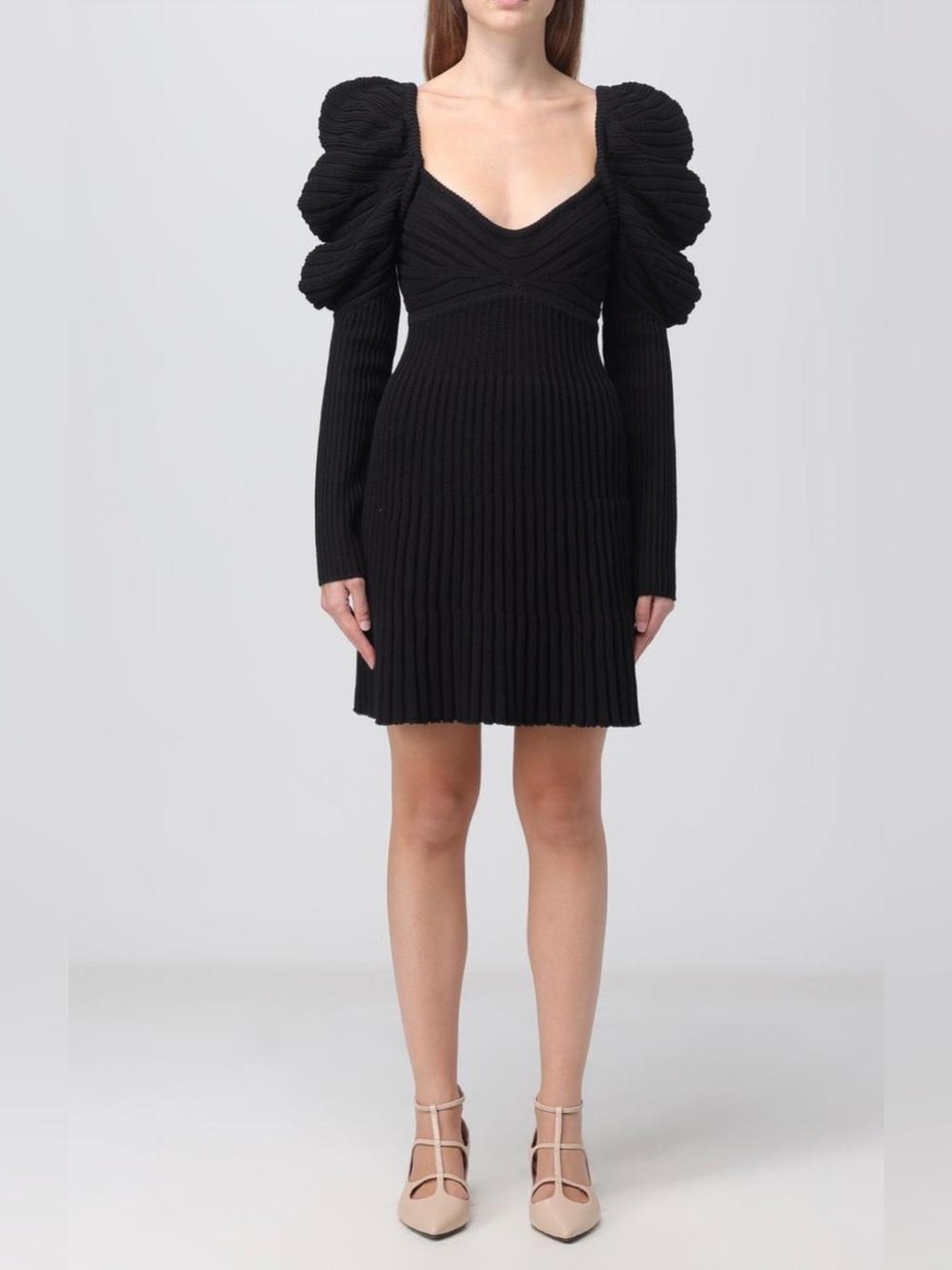 cult gaia Adeline Black Ribbed Puff-Sleeve Knit‎ Mini Dress Size XS
